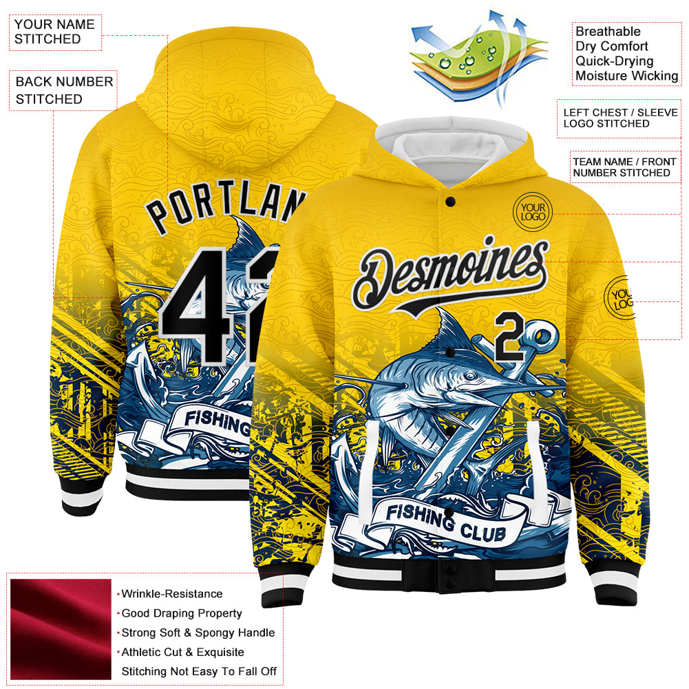 Custom Gold Black-White Marlin Fish Fishing 3D Bomber Full-Snap Varsity Letterman Hoodie Jacket