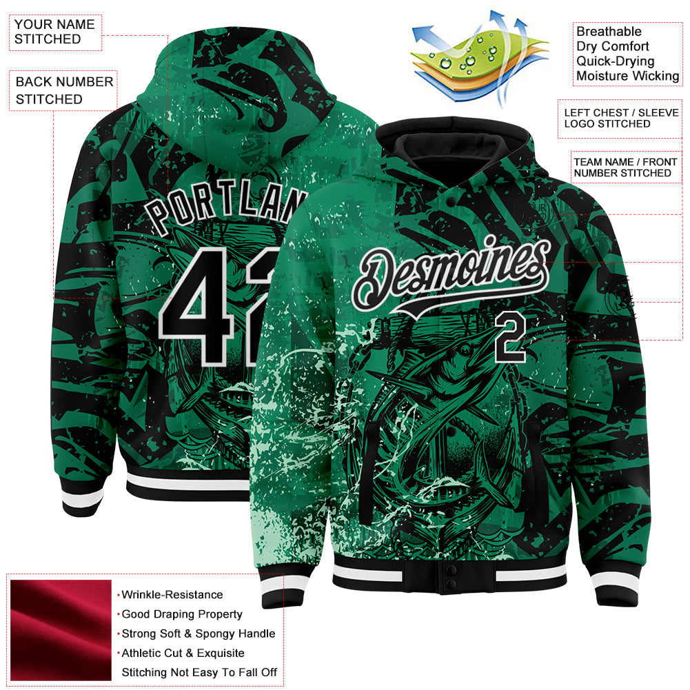 Custom Kelly Green Black-White Barracuda Fish Fishing 3D Bomber Full-Snap Varsity Letterman Hoodie Jacket