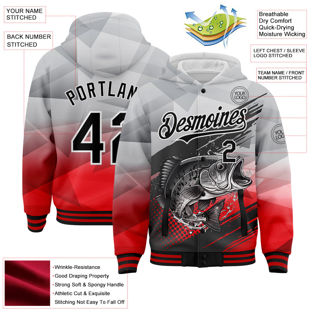 Custom Gray Black-Red Largemouth Bass Fish Fishing 3D Bomber Full-Snap Varsity Letterman Hoodie Jacket