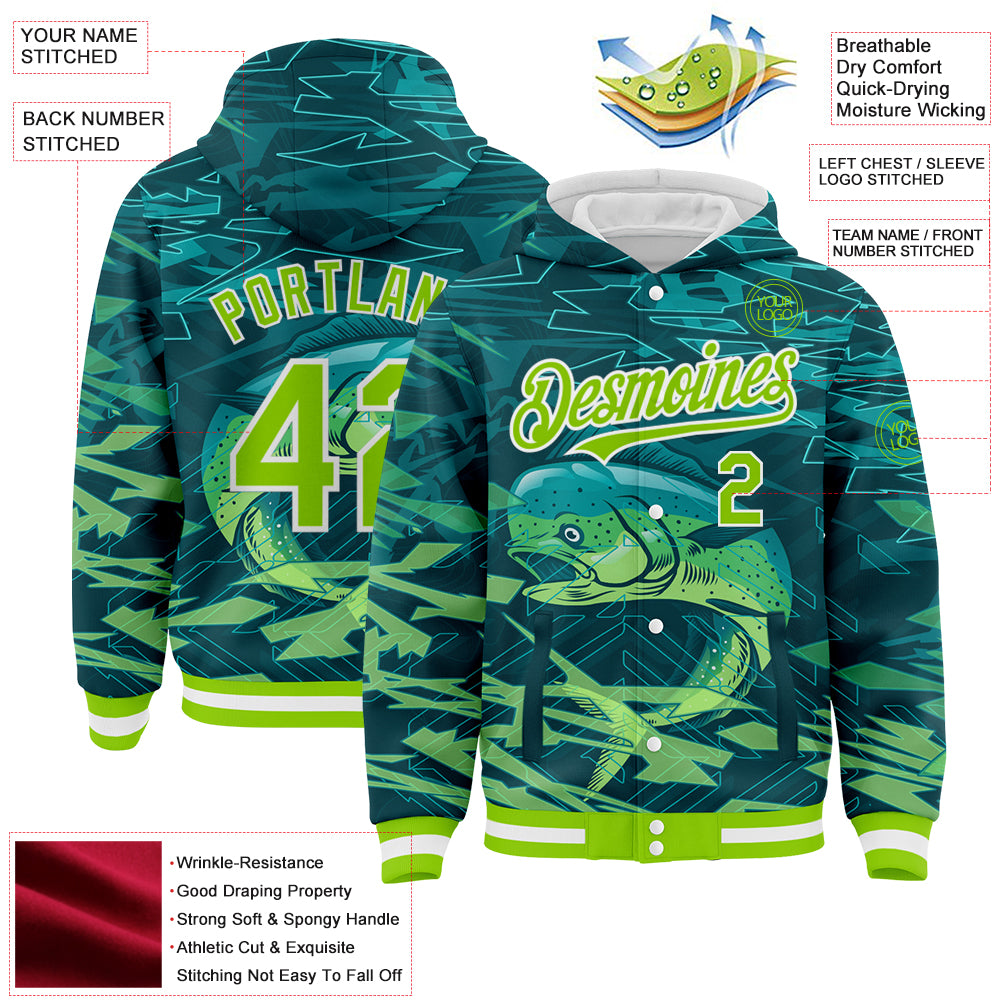 Custom Teal Neon Green-White Mahimah Fish Fishing 3D Bomber Full-Snap Varsity Letterman Hoodie Jacket