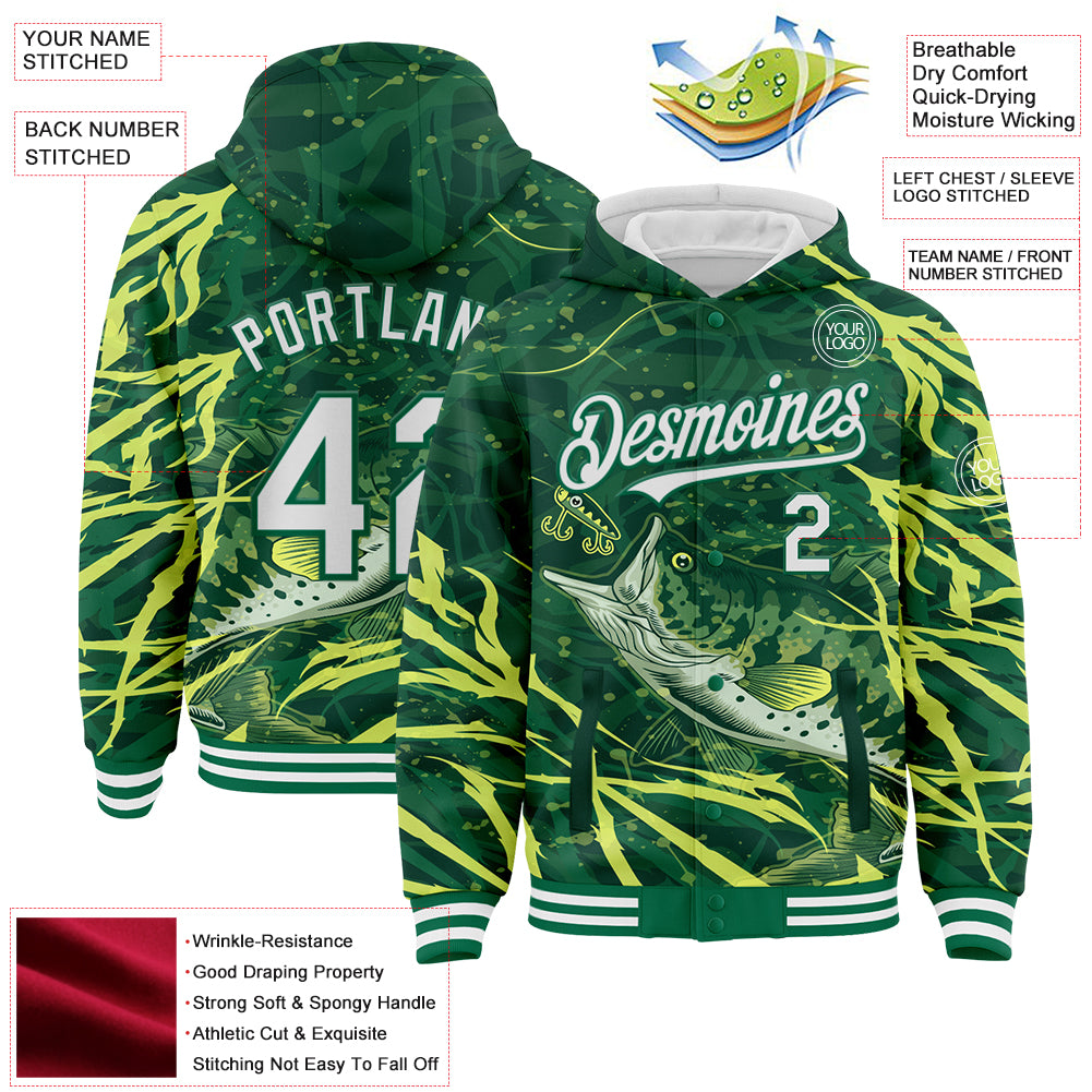 Custom Kelly Green White Largemouth Bass Fish Fishing 3D Bomber Full-Snap Varsity Letterman Hoodie Jacket