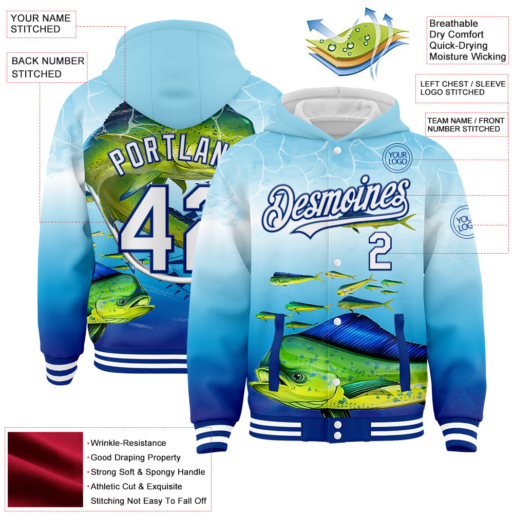 Custom Lakes Blue White-Royal Mahimah Fish Fishing 3D Bomber Full-Snap Varsity Letterman Hoodie Jacket