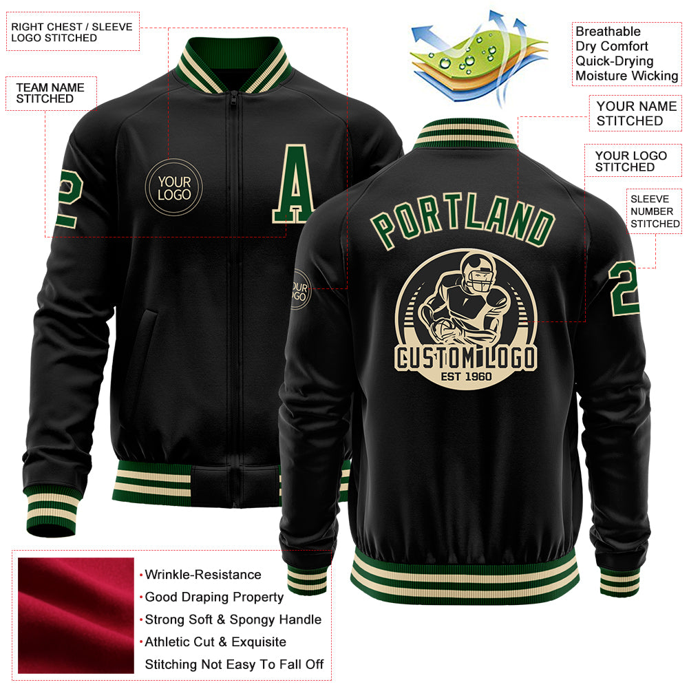 Custom Black Green-Cream Bomber Varsity Letterman Zipper Jacket