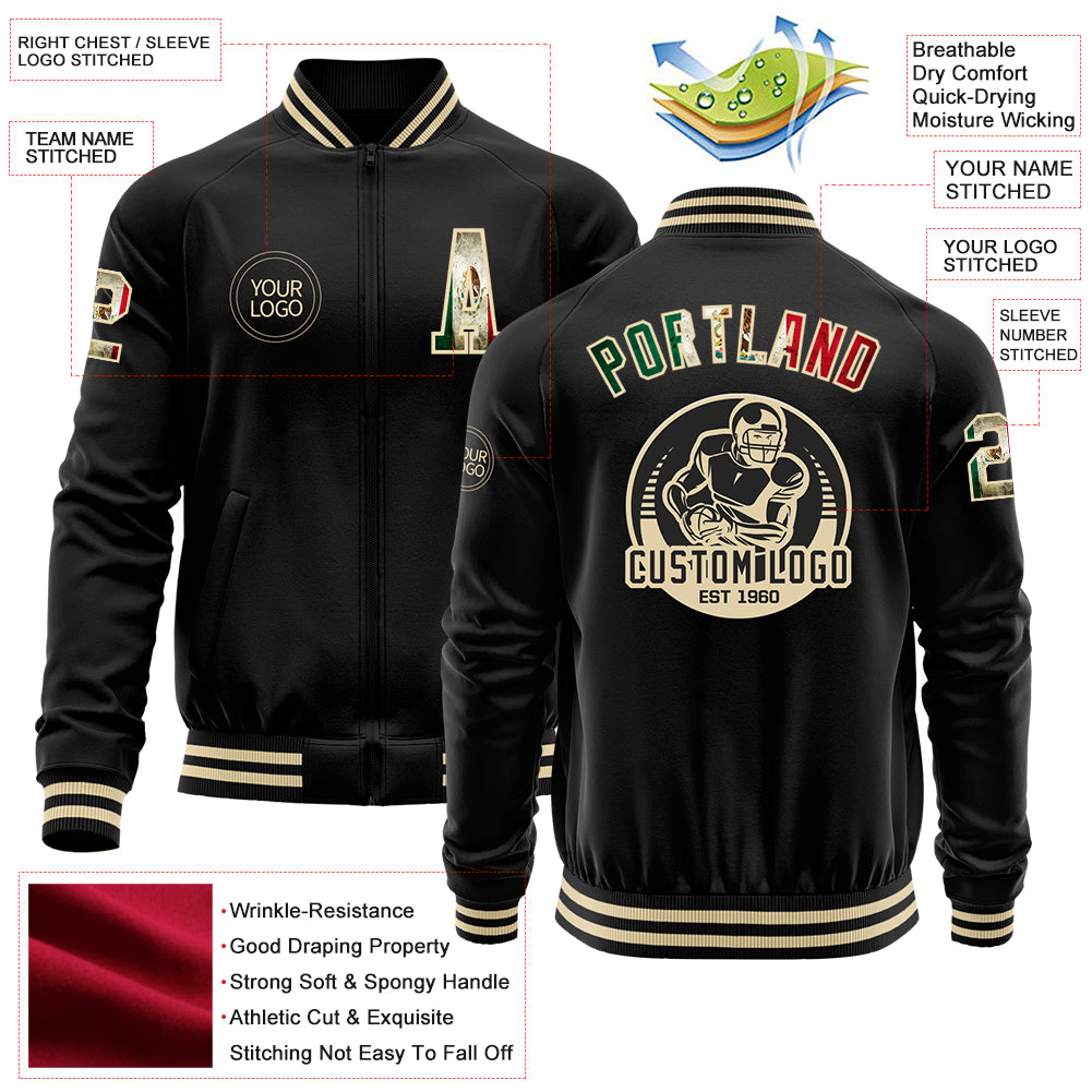 Custom Black Vintage Mexican Flag-Cream Bomber Varsity Letterman Zipper Jacket