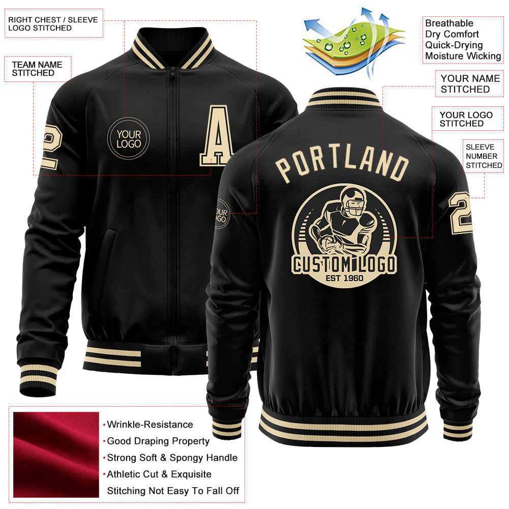 Custom Black Cream Bomber Varsity Letterman Zipper Jacket