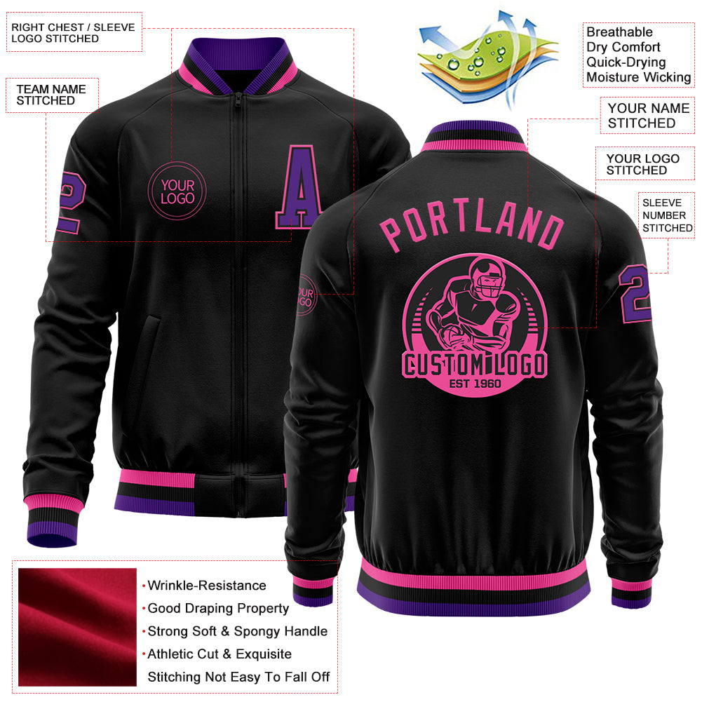 Custom Black Purple-Pink Bomber Varsity Letterman Zipper Jacket