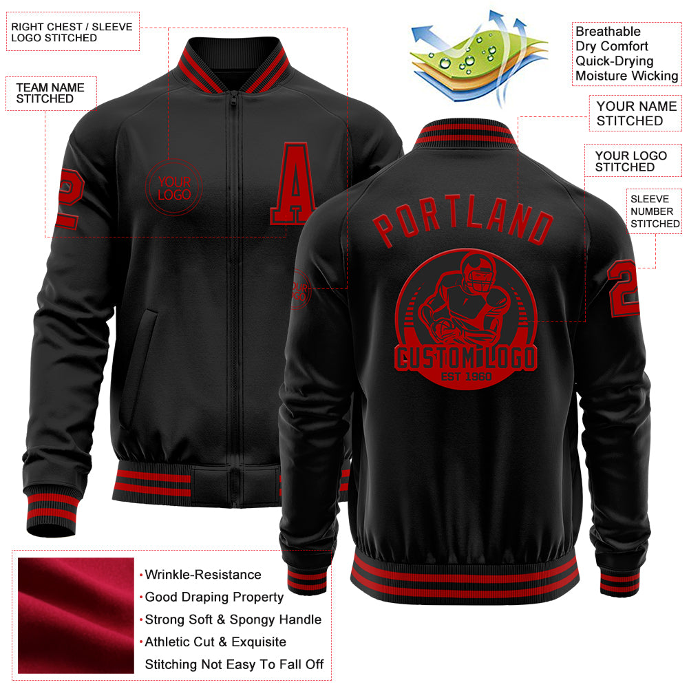 Custom Black Red Bomber Varsity Letterman Zipper Jacket