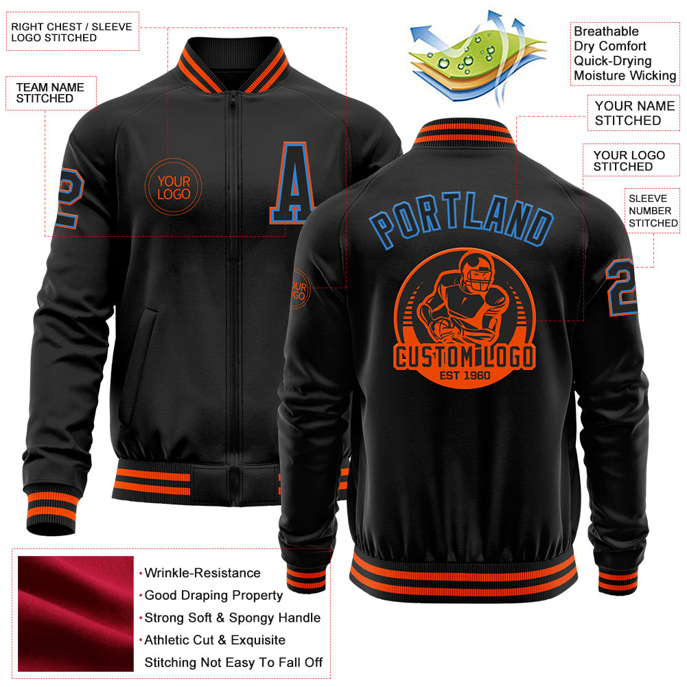 Custom Black Powder Blue-Orange Bomber Varsity Letterman Zipper Jacket