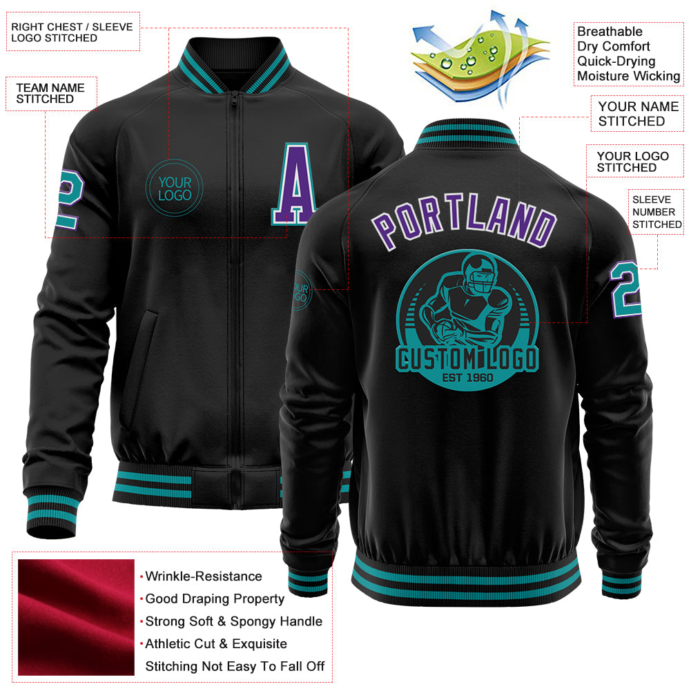 Custom Black Teal-Purple Bomber Varsity Letterman Zipper Jacket