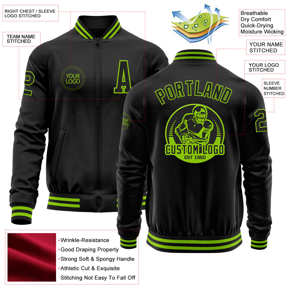 Custom Black Neon Green Bomber Varsity Letterman Zipper Jacket