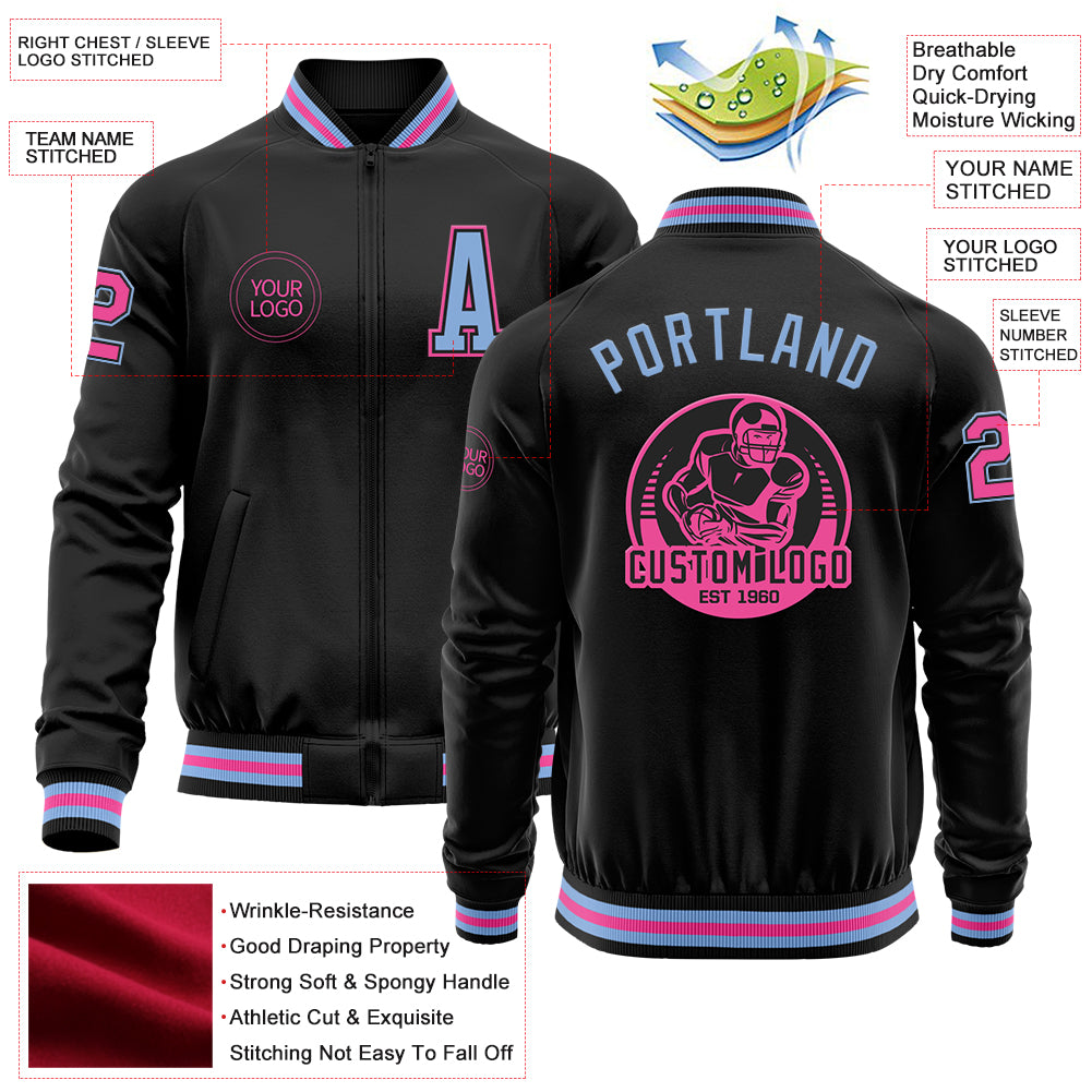 Custom Black Light Blue-Pink Bomber Varsity Letterman Zipper Jacket