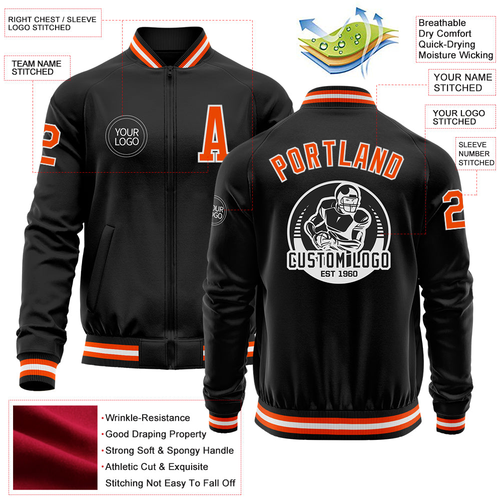 Custom Black Orange-White Bomber Varsity Letterman Zipper Jacket