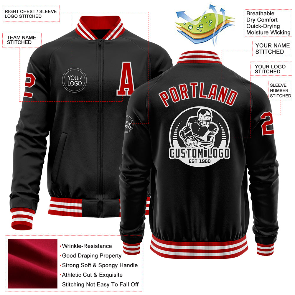 Custom Black Red-White Bomber Varsity Letterman Zipper Jacket