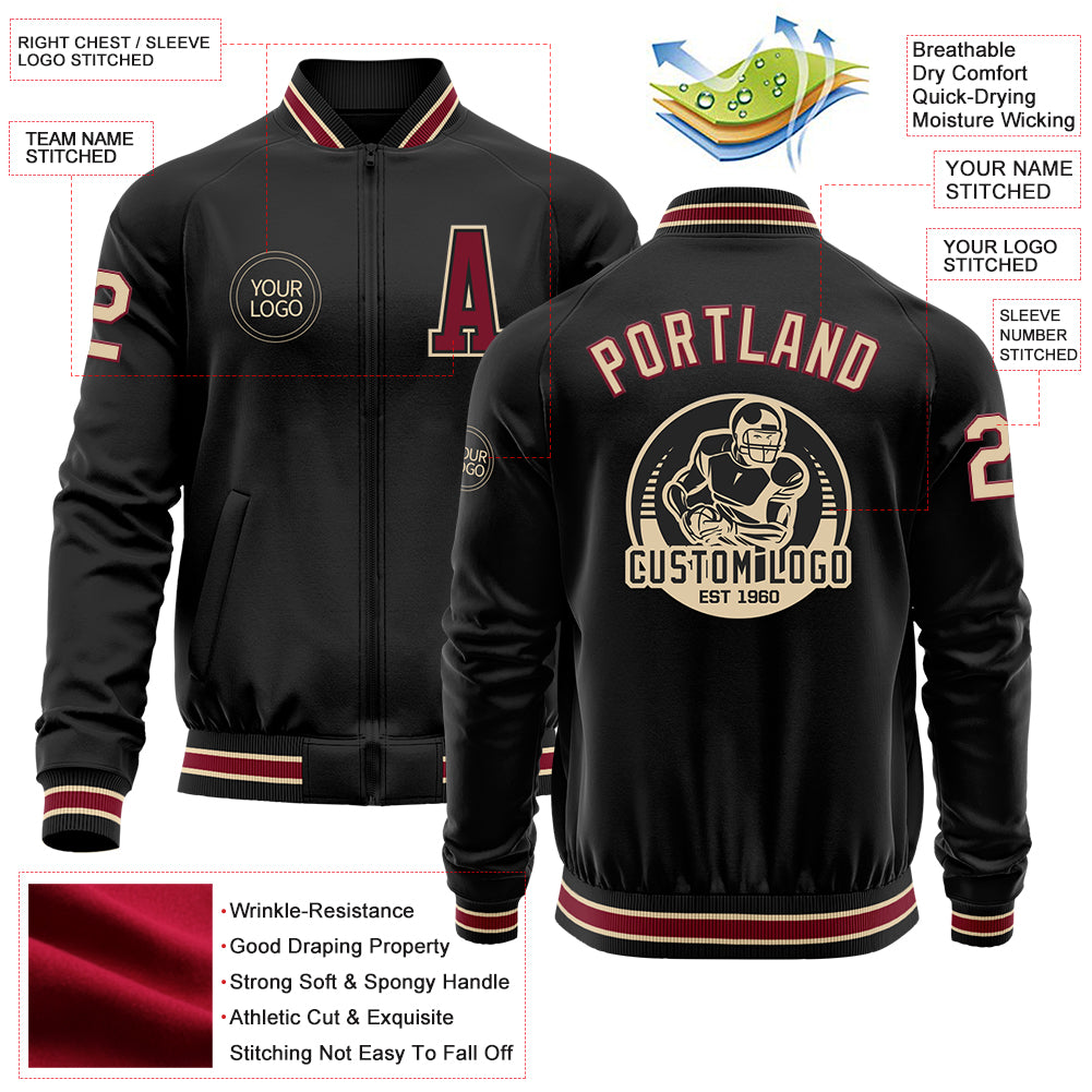 Custom Black Crimson-City Cream Bomber Varsity Letterman Zipper Jacket