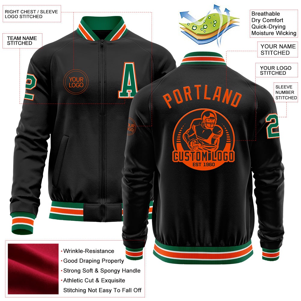 Custom Black Kelly Green-Orange Bomber Varsity Letterman Zipper Jacket