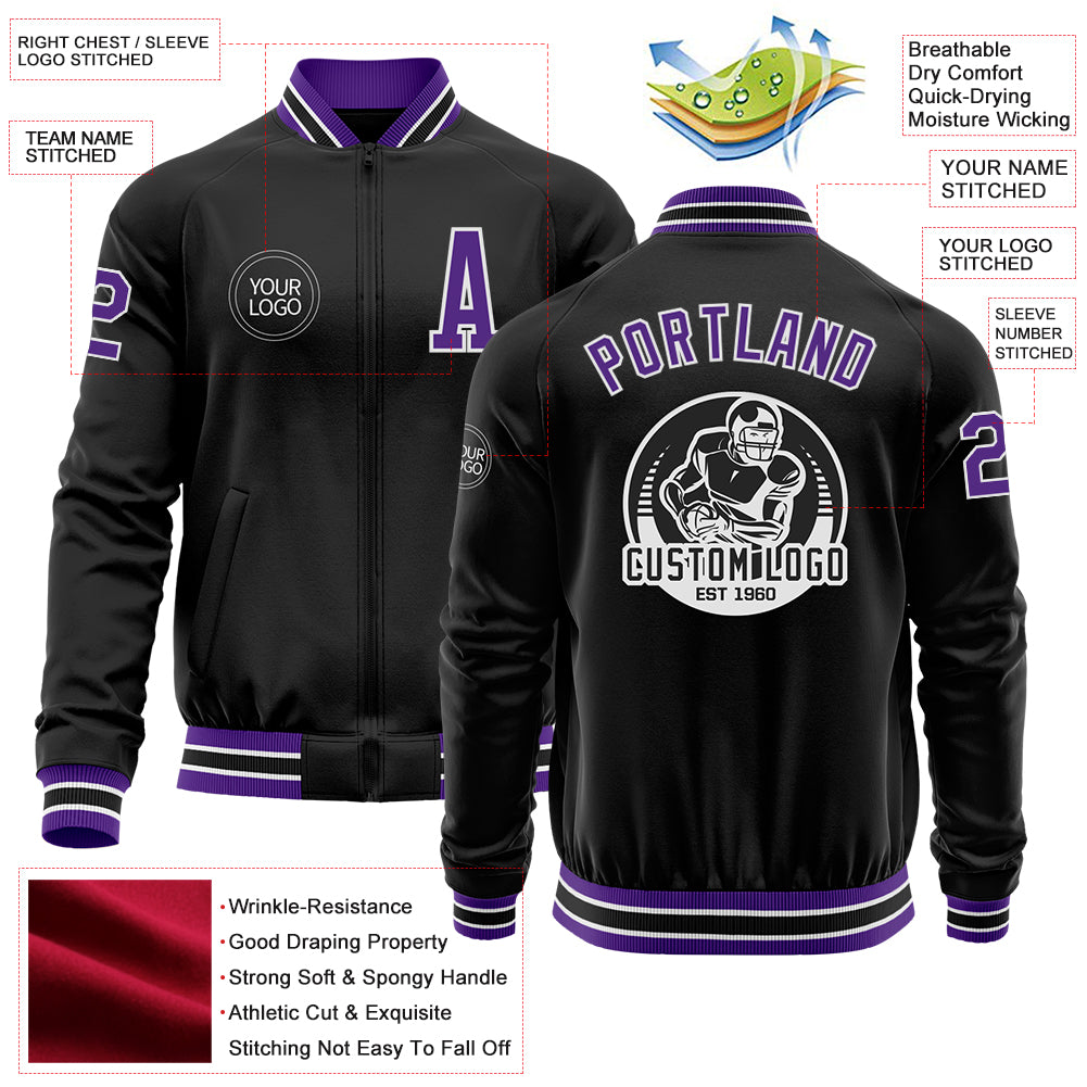 Custom Black Purple-White Bomber Varsity Letterman Zipper Jacket