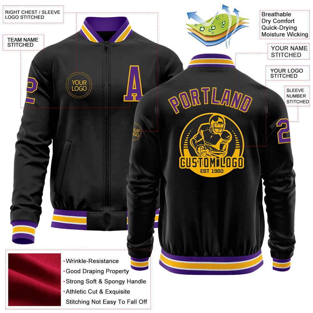 Custom Black Purple-Gold Bomber Varsity Letterman Zipper Jacket