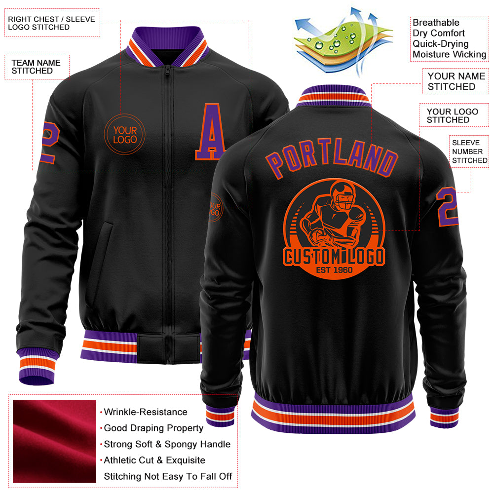 Custom Black Purple-Orange Bomber Varsity Letterman Zipper Jacket