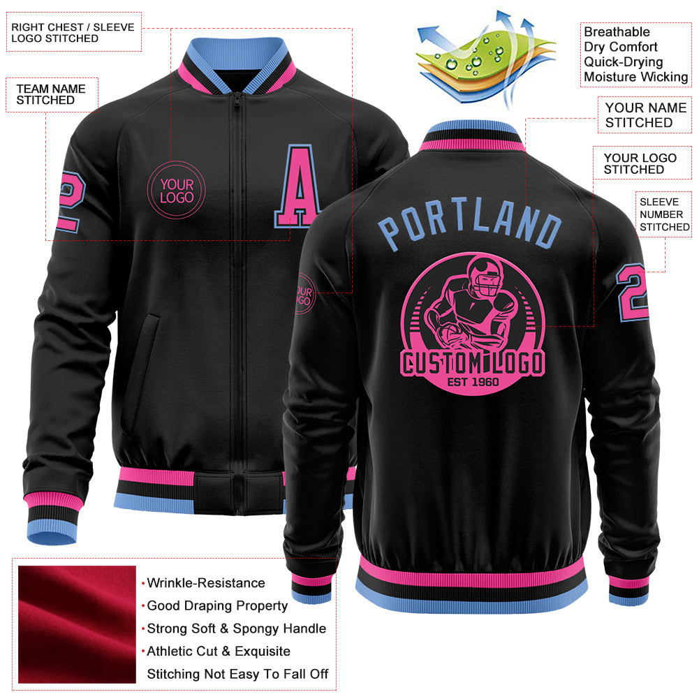 Custom Black Pink-Light Blue Bomber Varsity Letterman Zipper Jacket