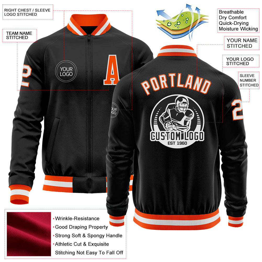 Custom Black Orange-White Bomber Varsity Letterman Zipper Jacket