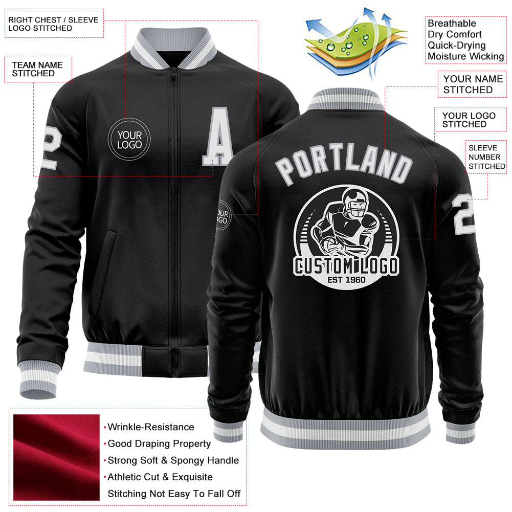 Custom Black White-Gray Bomber Varsity Letterman Zipper Jacket