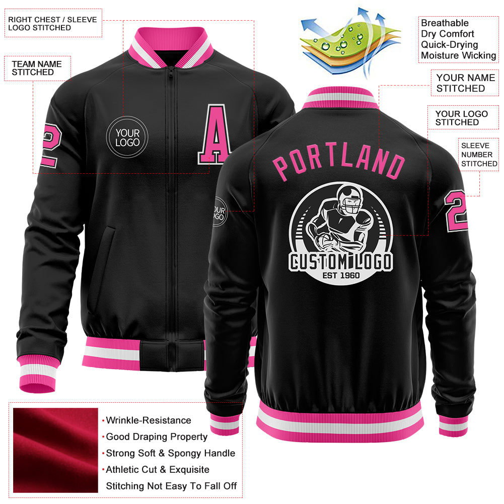 Custom Black Pink-White Bomber Varsity Letterman Zipper Jacket