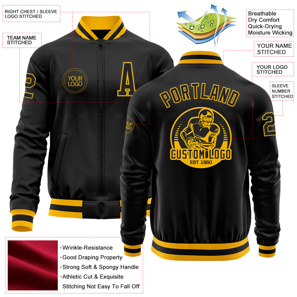 Custom Black Gold Bomber Varsity Letterman Zipper Jacket