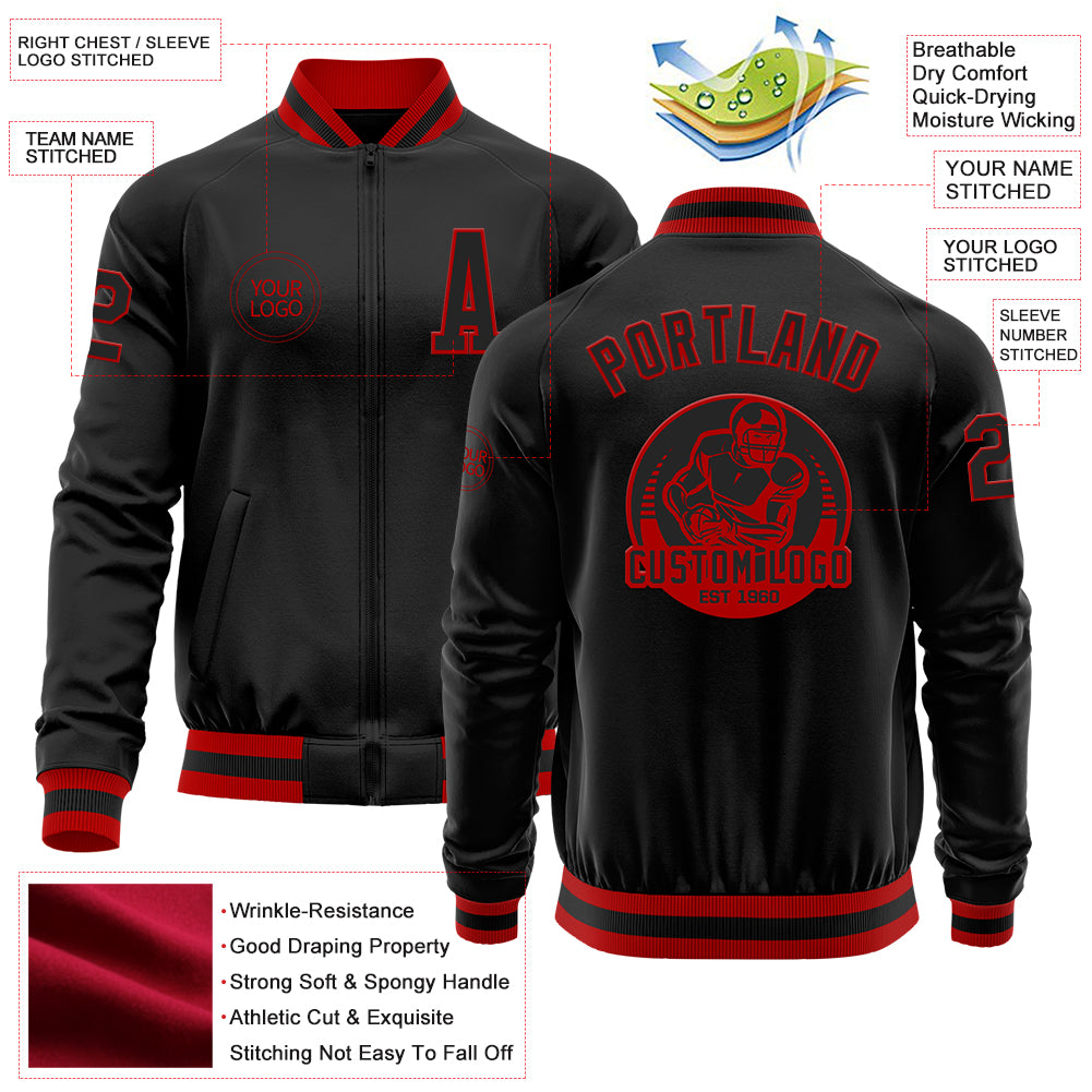 Custom Black Red Bomber Varsity Letterman Zipper Jacket