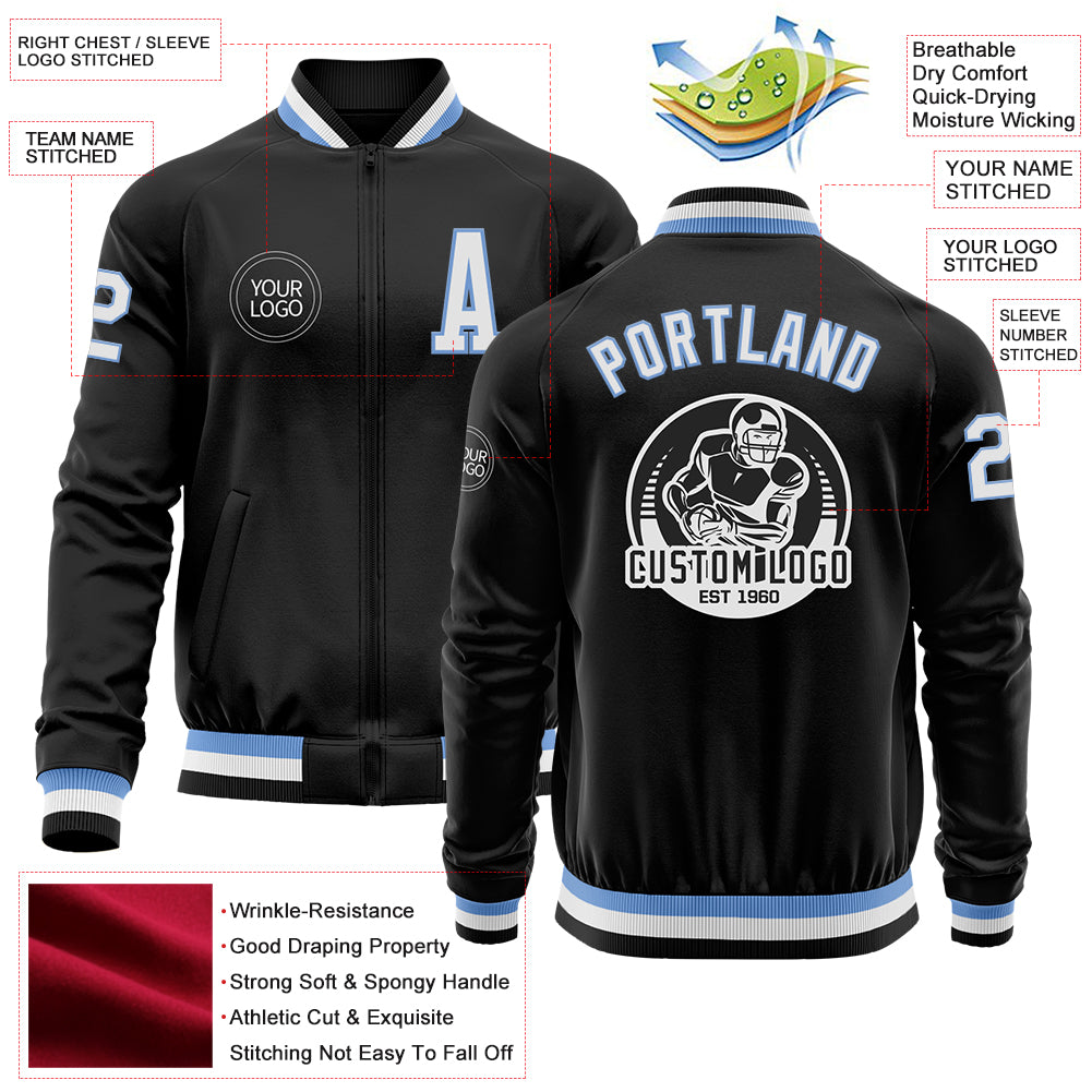 Custom Black Light Blue-White Bomber Varsity Letterman Zipper Jacket