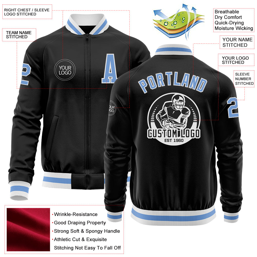 Custom Black Light Blue-White Bomber Varsity Letterman Zipper Jacket