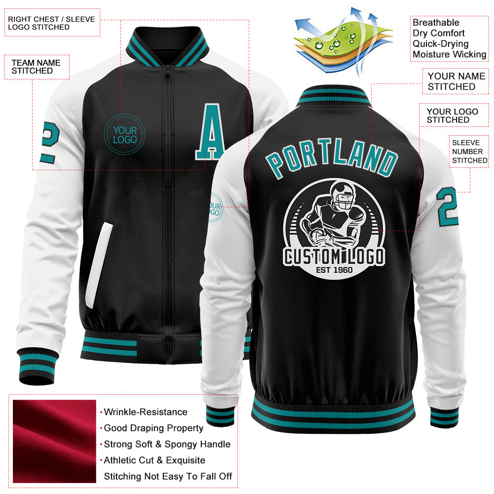 Custom Black Teal-White Bomber Varsity Letterman Two Tone Zipper Jacket