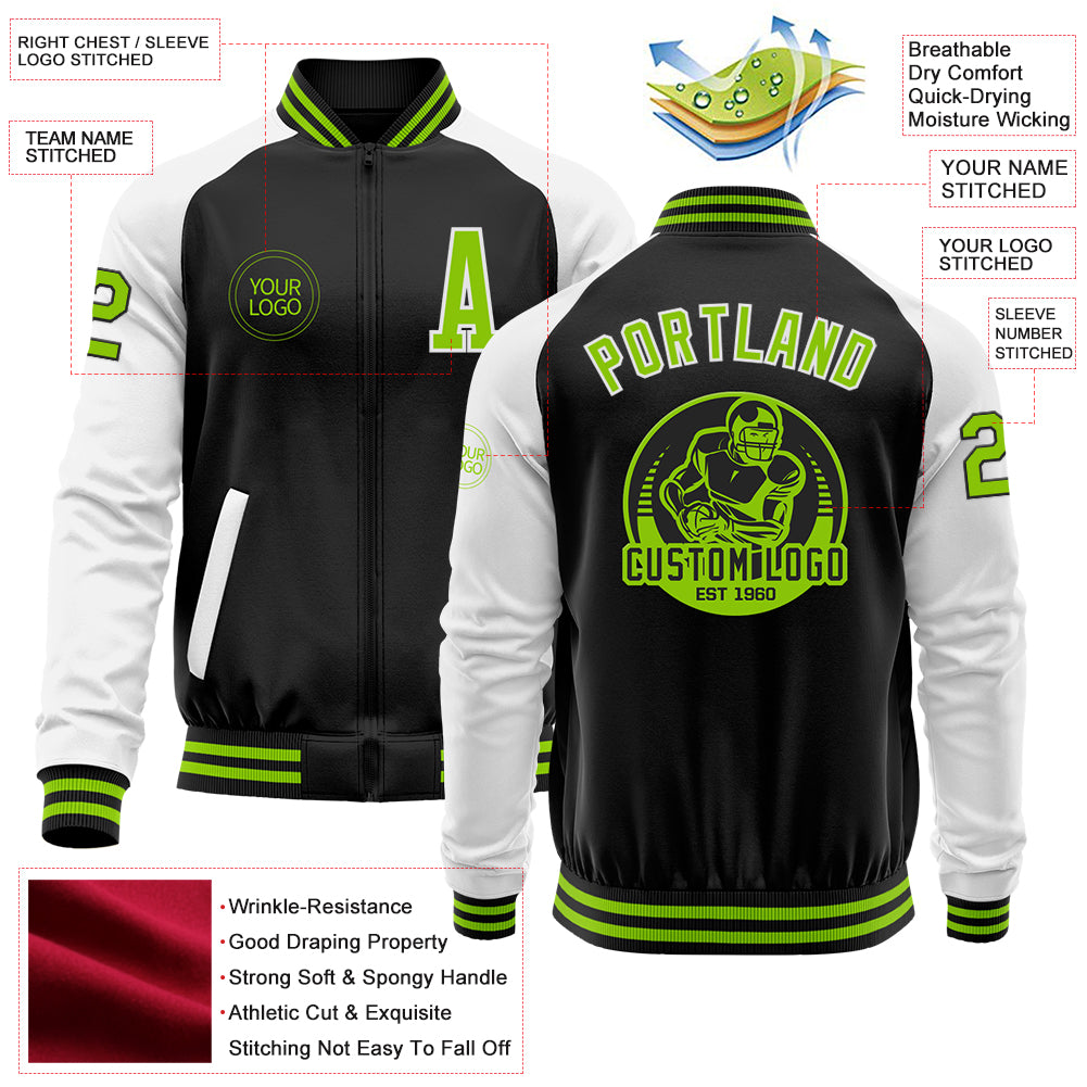 Custom Black Neon Green-White Bomber Varsity Letterman Two Tone Zipper Jacket