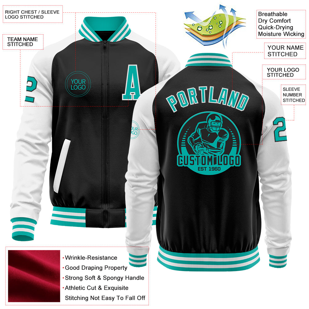 Custom Black Aqua-White Bomber Varsity Letterman Two Tone Zipper Jacket