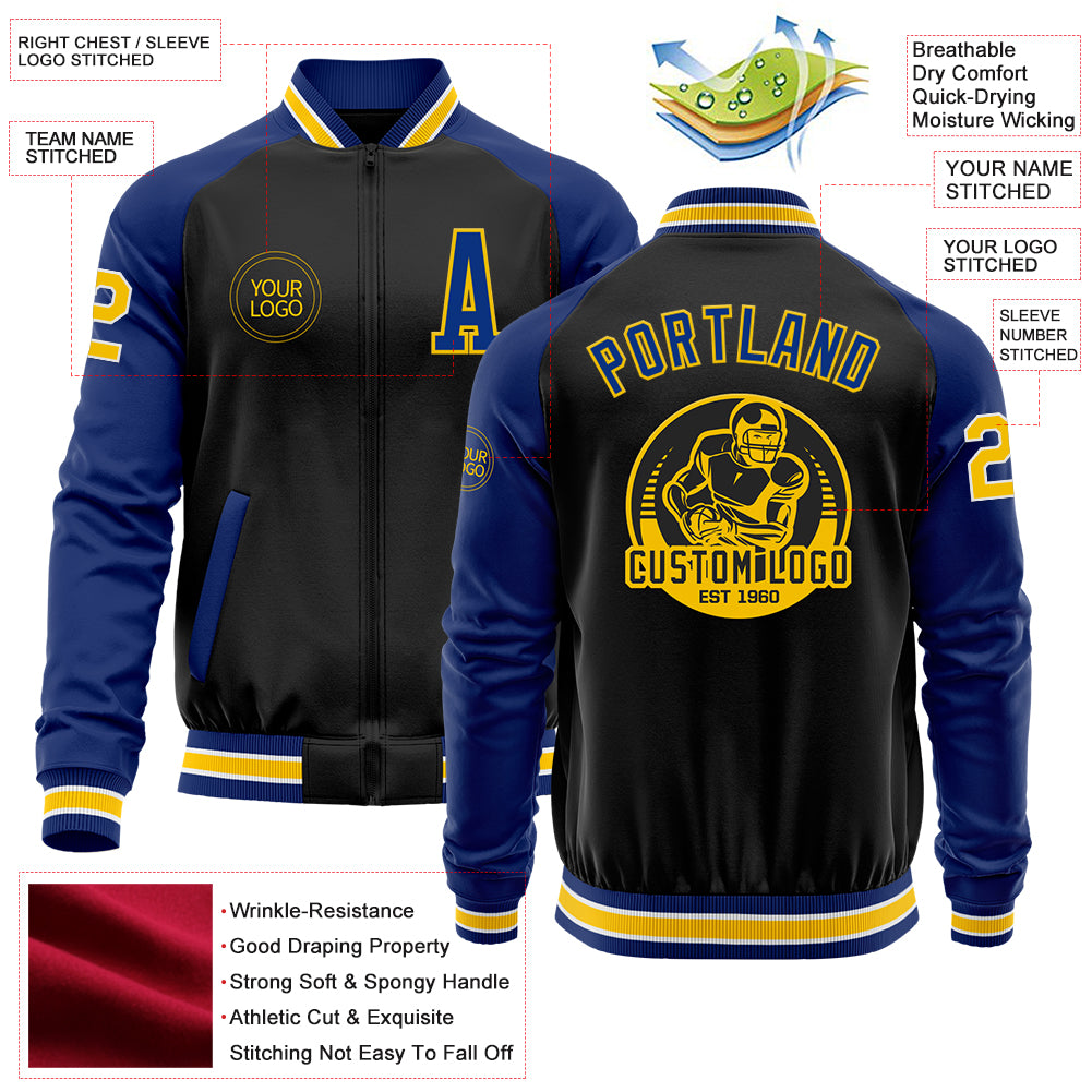 Custom Black Yellow-Royal Bomber Varsity Letterman Two Tone Zipper Jacket