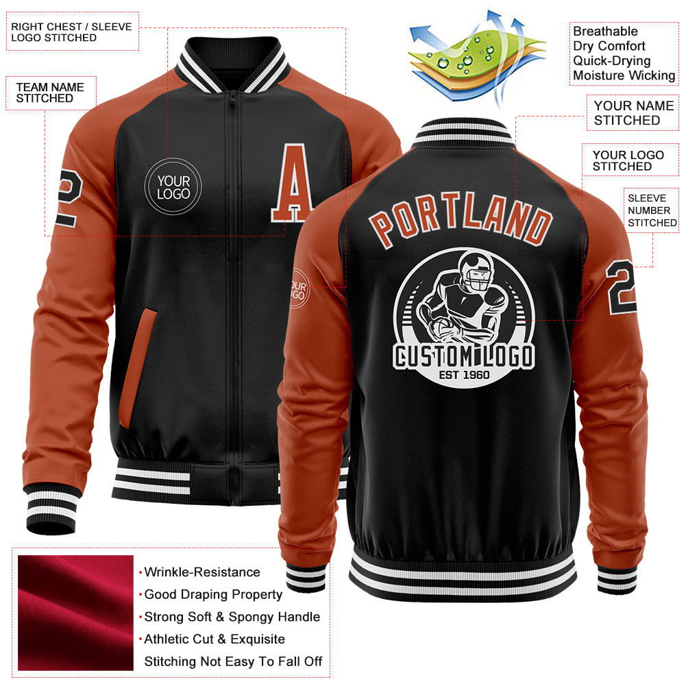 Custom Black Texas Orange-White Bomber Varsity Letterman Two Tone Zipper Jacket