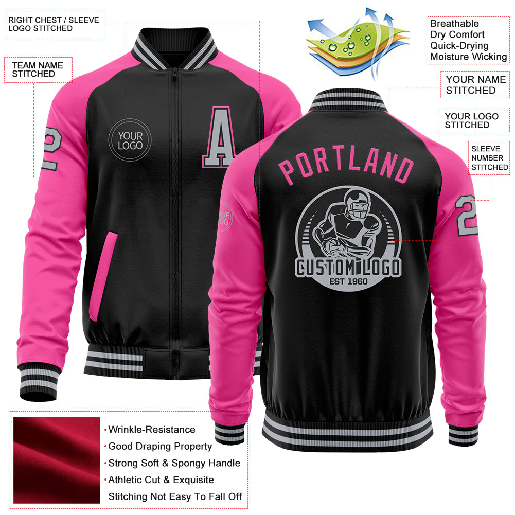 Custom Black Gray-Pink Bomber Varsity Letterman Two Tone Zipper Jacket