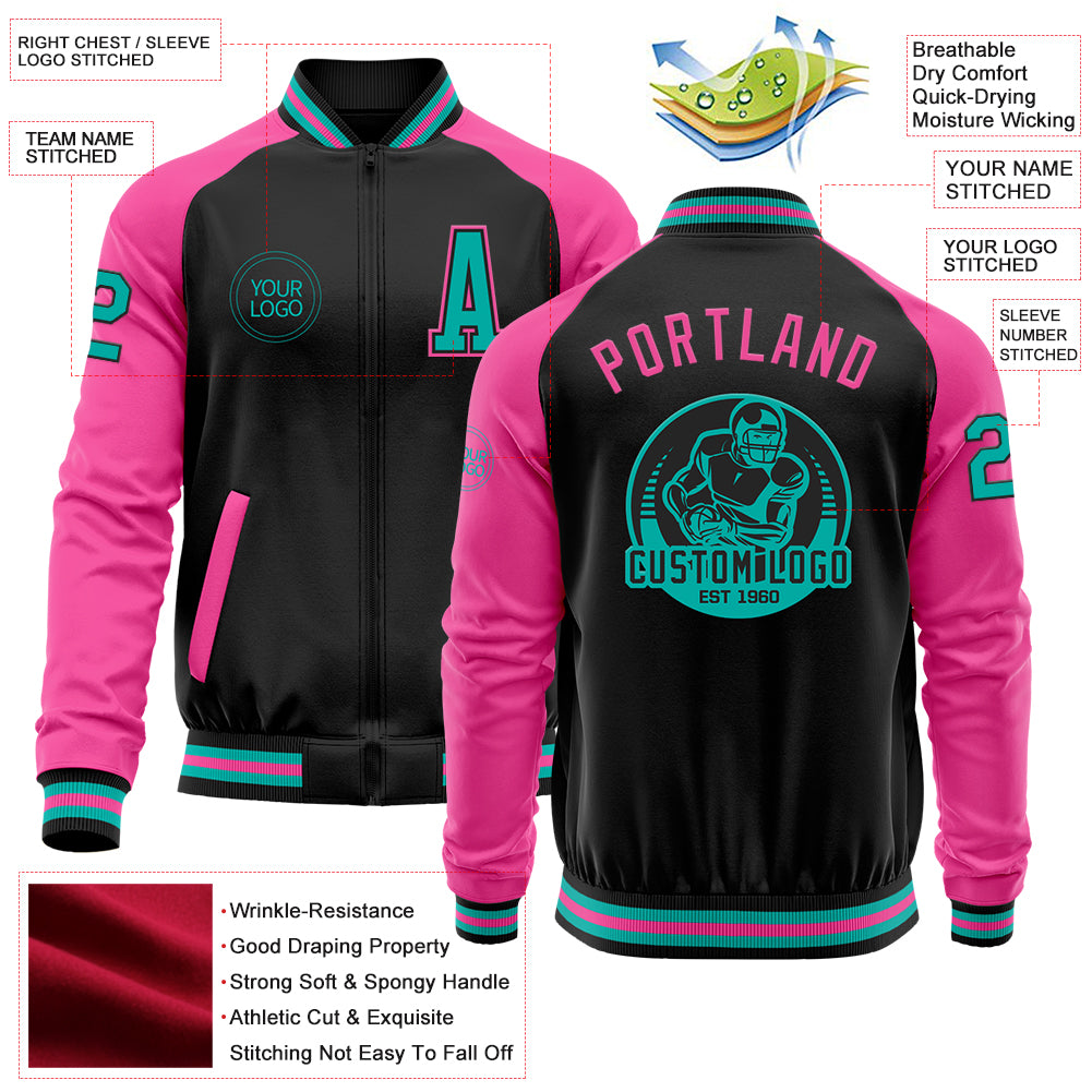 Custom Black Aqua-Pink Bomber Varsity Letterman Two Tone Zipper Jacket