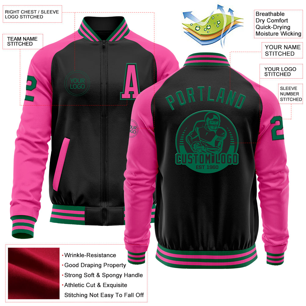 Custom Black Kelly Green-Pink Bomber Varsity Letterman Two Tone Zipper Jacket