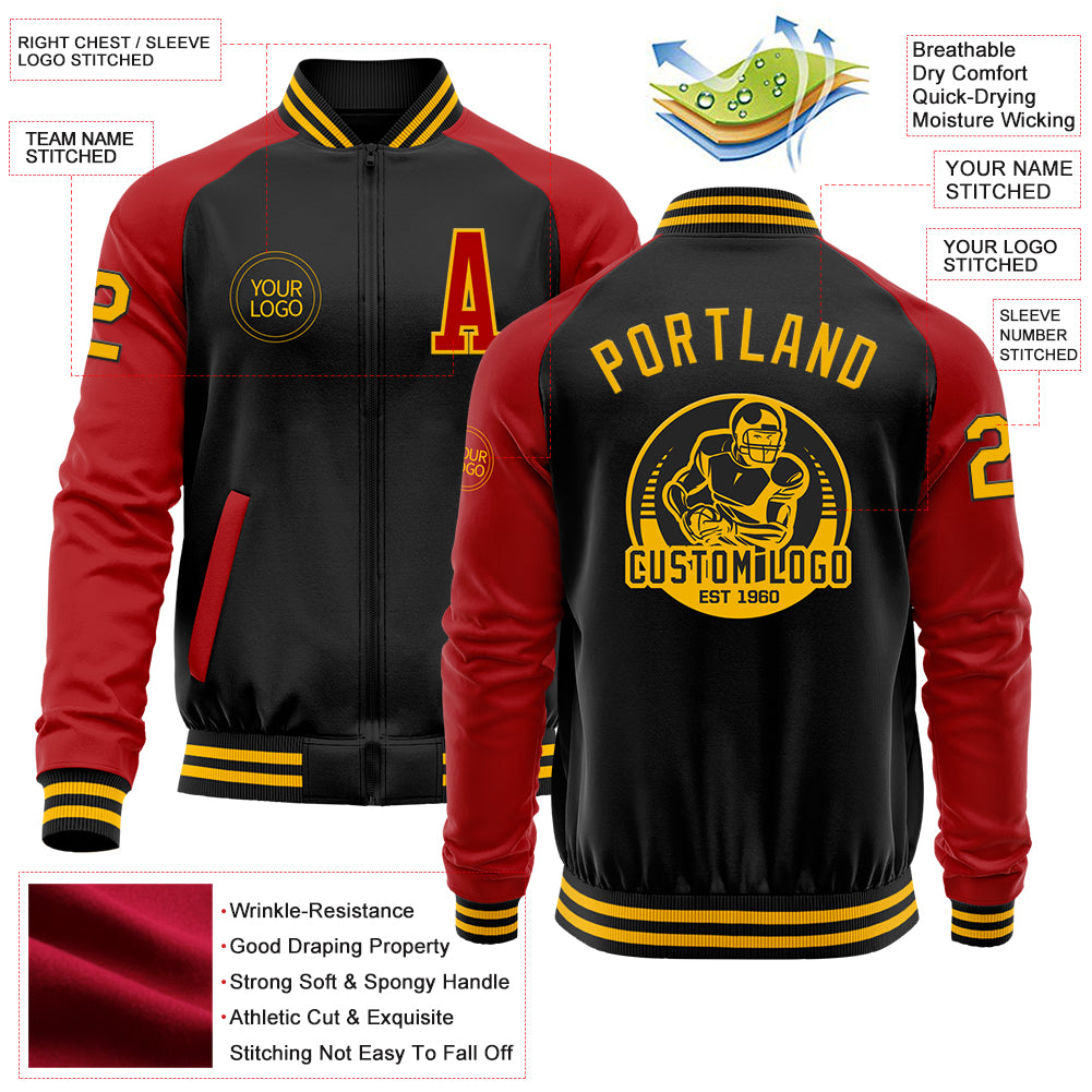 Custom Black Gold-Red Bomber Varsity Letterman Two Tone Zipper Jacket