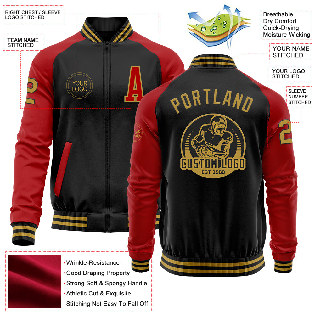 Custom Black Old Gold-Red Bomber Varsity Letterman Two Tone Zipper Jacket