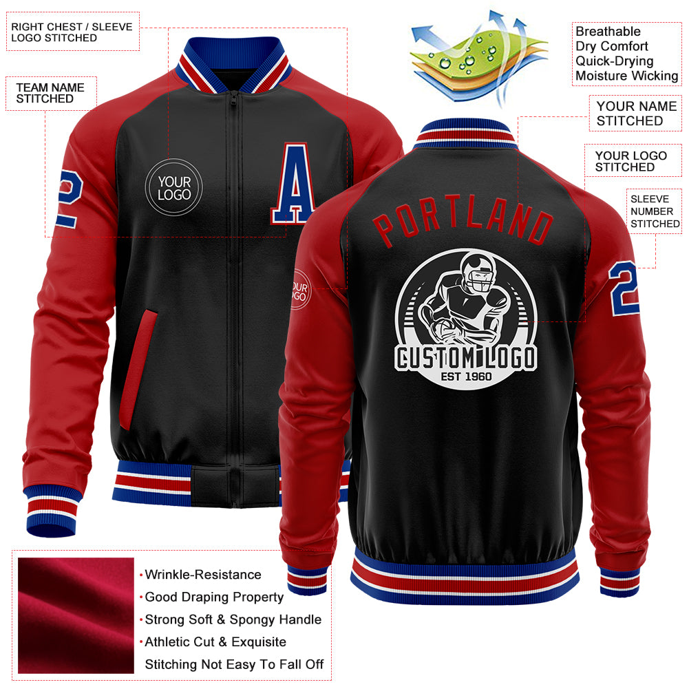 Custom Black Royal-Red Bomber Varsity Letterman Two Tone Zipper Jacket