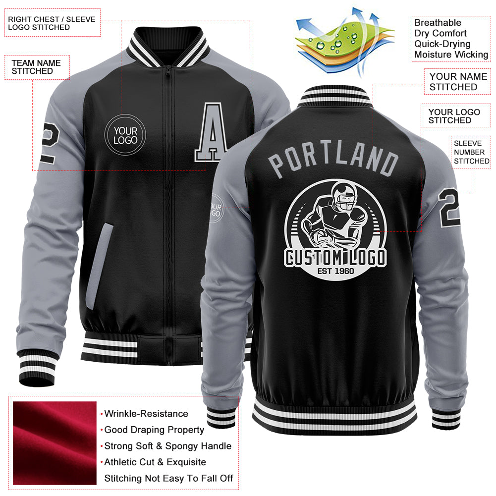 Custom Black Gray-White Bomber Varsity Letterman Two Tone Zipper Jacket