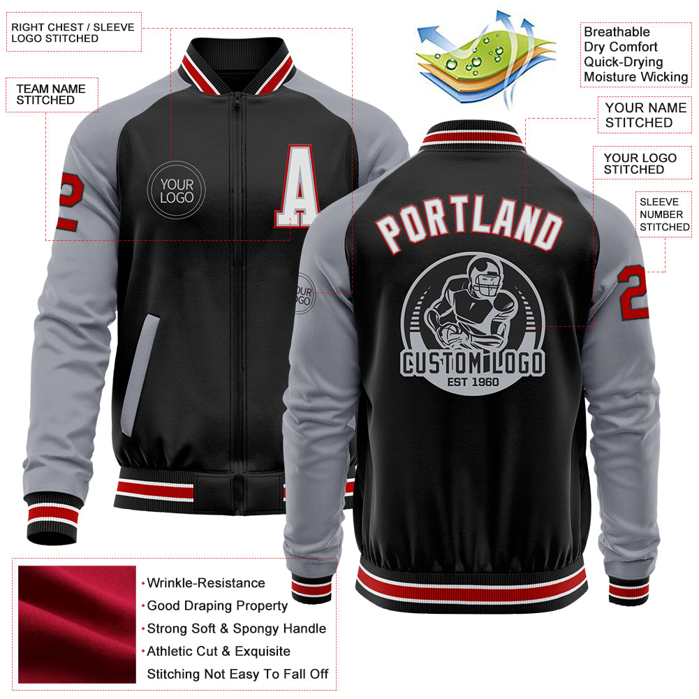 Custom Black Red-Gray Bomber Varsity Letterman Two Tone Zipper Jacket