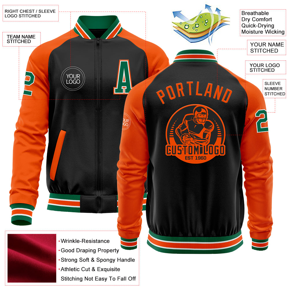 Custom Black Kelly Green-Orange Bomber Varsity Letterman Two Tone Zipper Jacket