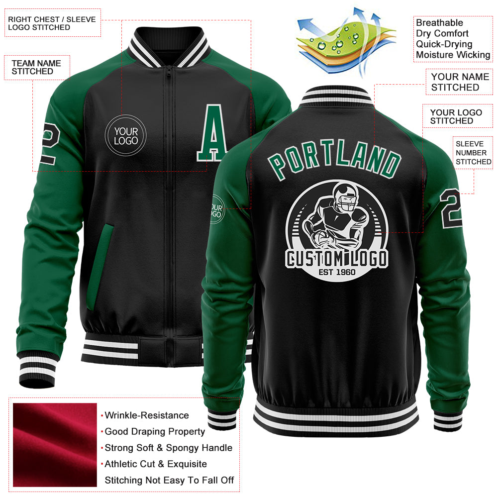 Custom Black Kelly Green-White Bomber Varsity Letterman Two Tone Zipper Jacket