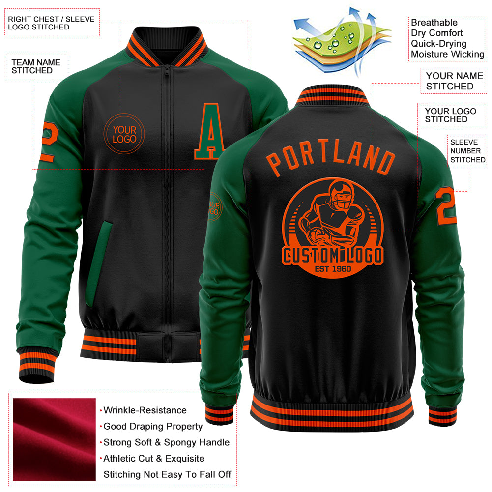 Custom Black Orange-Kelly Green Bomber Varsity Letterman Two Tone Zipper Jacket