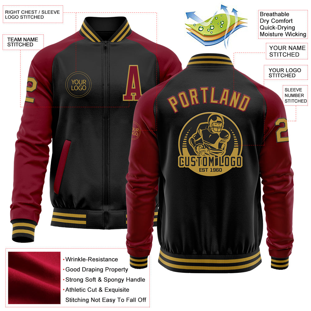 Custom Black Old Gold-Crimson Bomber Varsity Letterman Two Tone Zipper Jacket