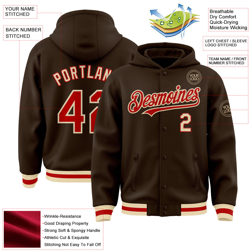 Custom Brown Red-Cream Bomber Full-Snap Varsity Letterman Hoodie Jacket