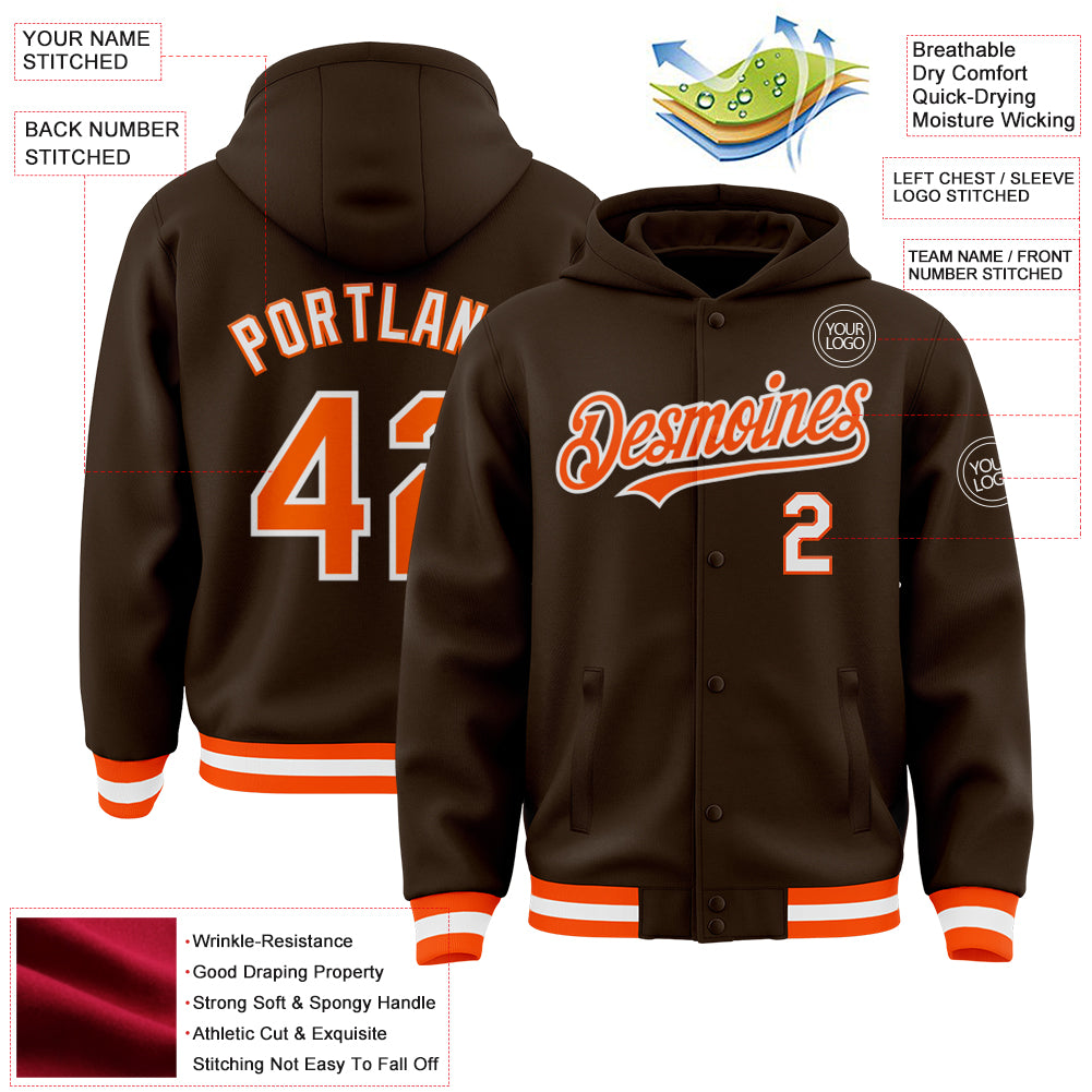 Custom Brown Orange-White Bomber Full-Snap Varsity Letterman Hoodie Jacket