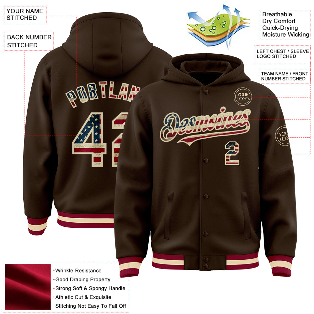 Custom Brown Vintage USA Flag Cream-Maroon Bomber Full-Snap Varsity Letterman Hoodie Jacket